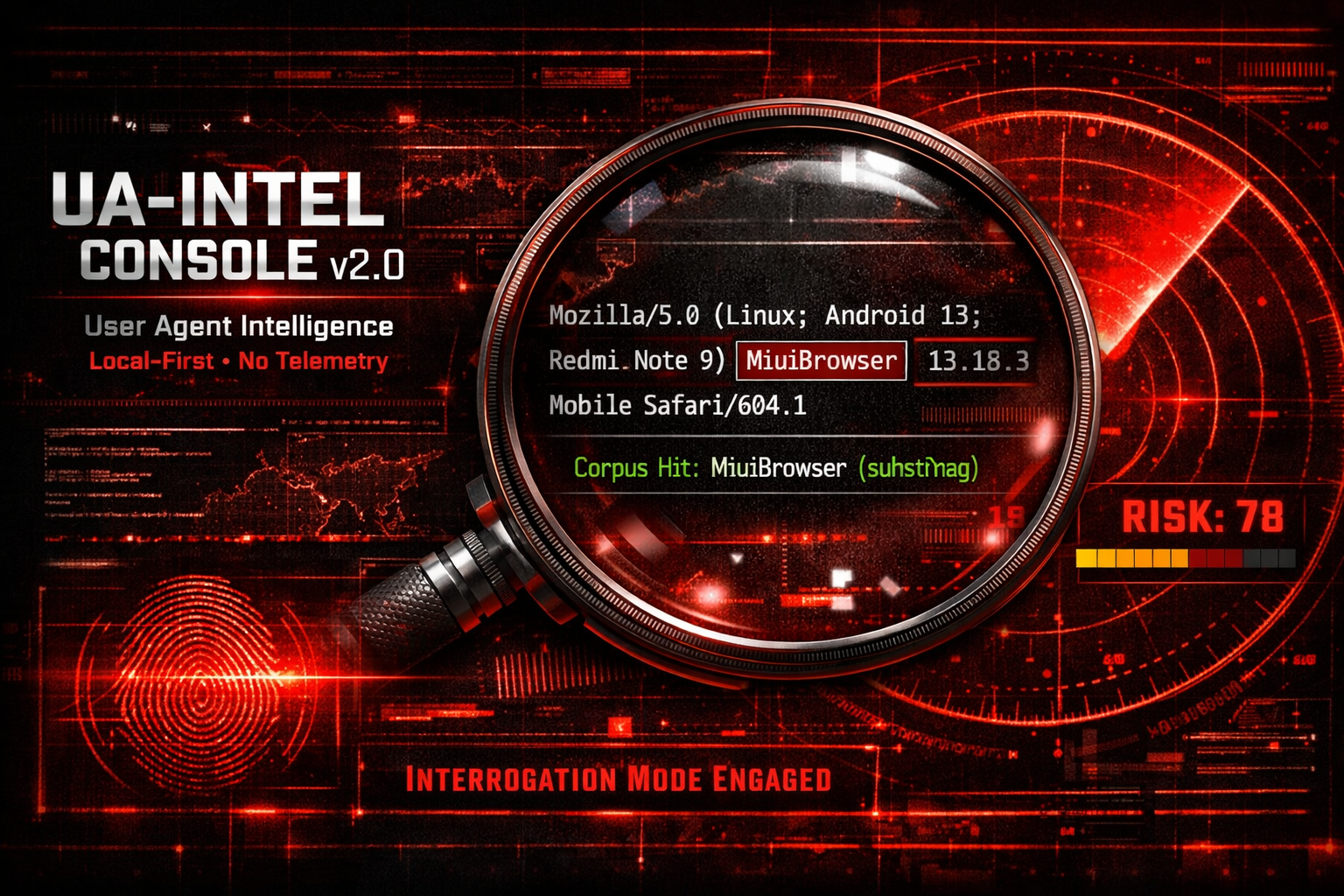 UA-INTEL CONSOLE — User-Agent Intelligence System
UA-INTEL CONSOLE is a local-first User-Agent intelligence system for security professionals, webmasters, and IT operators.