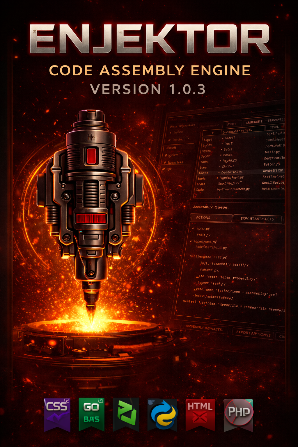 Enjektor promotional graphic showing code assembly engine interface and branding