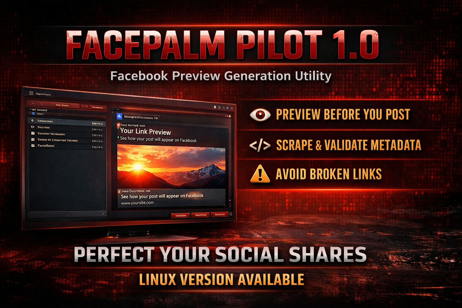 FacePalm Pilot 1.0 — Facebook Preview Generation Utility
Generate and validate Facebook link previews before sharing. Inspect OpenGraph metadata, verify images, and prevent broken social media previews.
